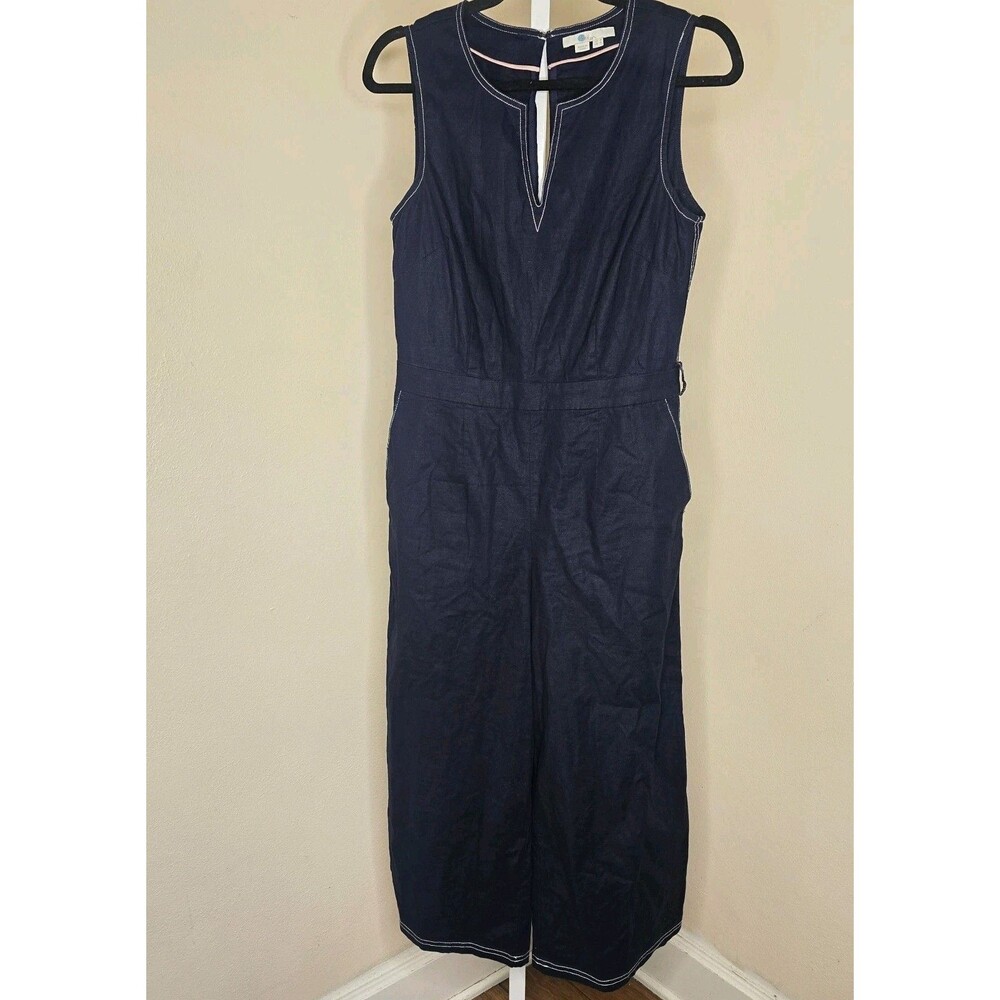 Boden US 4 Fleur Notch Neck Jumpsuit Cropped Wide Leg Linen Cotton *No Belt